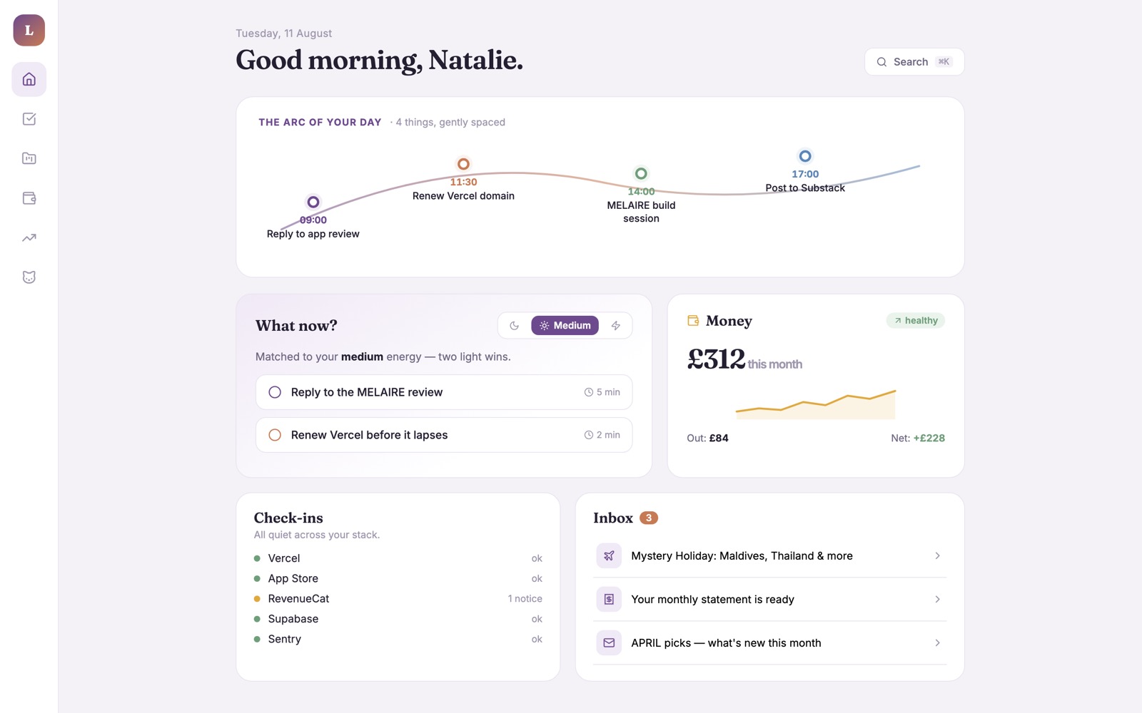Life Command Centre — a personal operations dashboard: the day's arc, energy-matched next actions, money and service check-ins